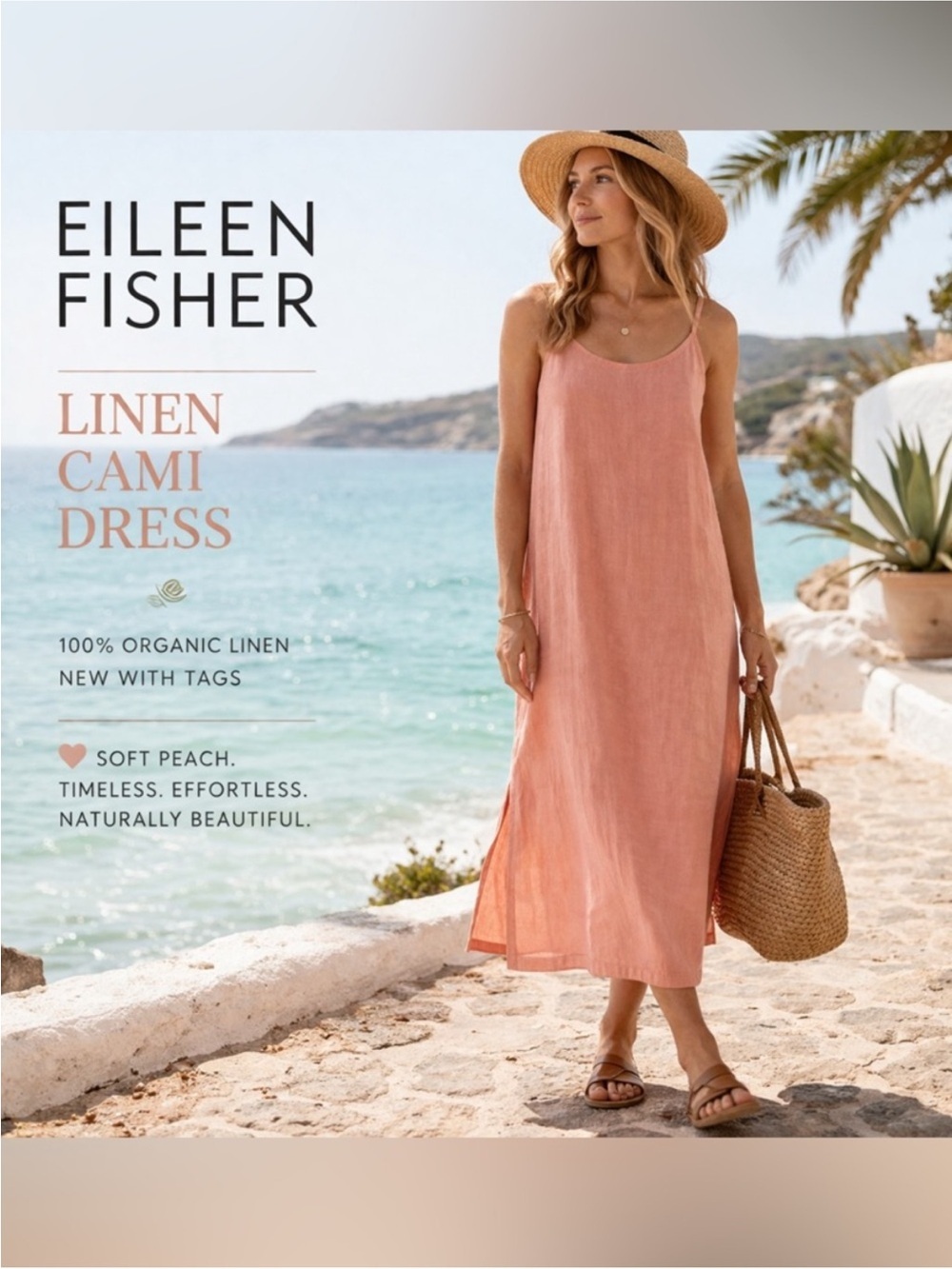 Eileen Fisher Soft Peach Linen Cami Dress